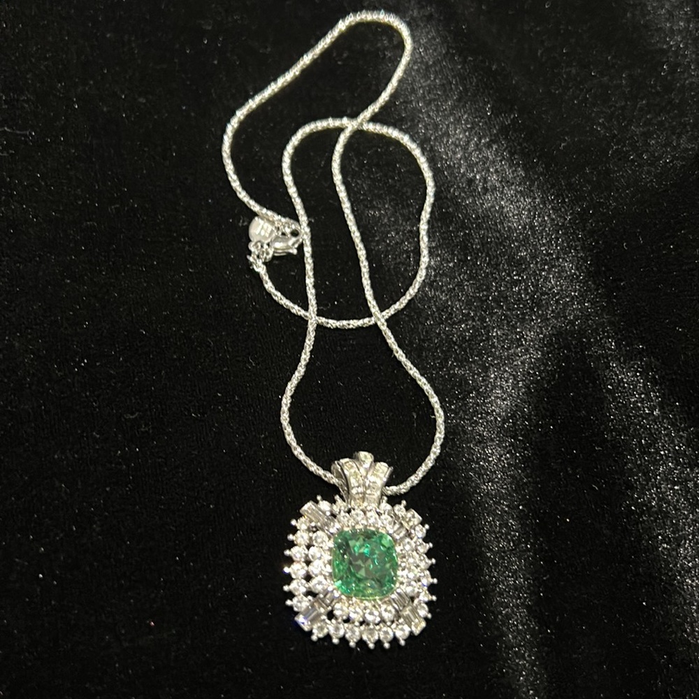#21 Vintage Nolan Miller Pendant, Green & Clear Crystal Pendant,Silver 18" Chain